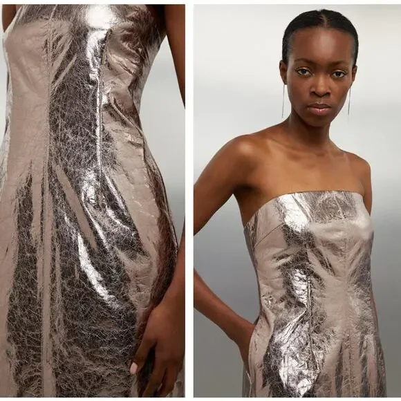 KAREN MILLEN Metallic Faux Leather Bandeau Midi Dress Pewter Sz 2 NWT $199  {N34}